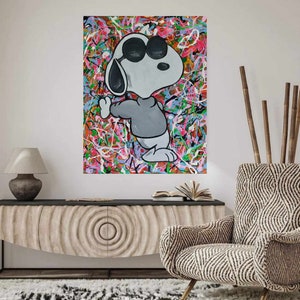 Dipinto colorato snoopy originale, extra large, ricco e strutturato, su tela tesa, schizzi neri, moderno, astratto, graffiti 3d, Banksy