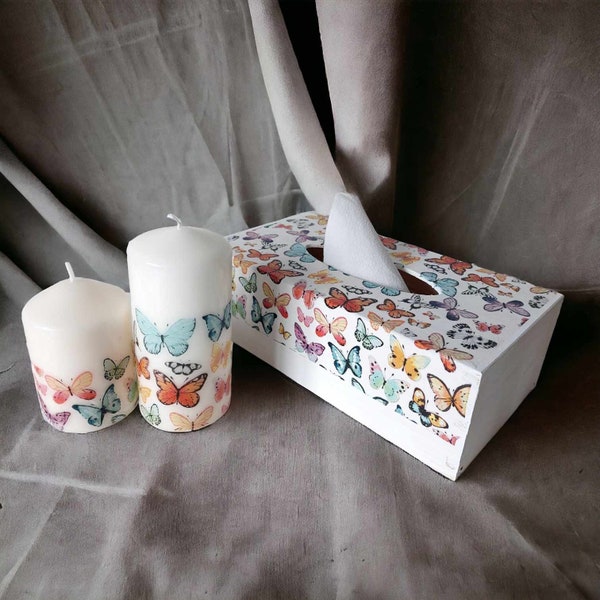 Handmade gift set butterflies candles tissue box holder wooden wrapped decoupage candle pillar home decor birthday colourful mother's Day