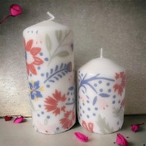 Handmade gift set candles gift wrapped decoupage original candle pillar home decor flowers abstract floral large folk colourful easter love