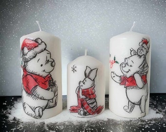 Handmade Christmas candles winnie the pooh disney gift pillar wrapped decoupage personalized candle large decor merry