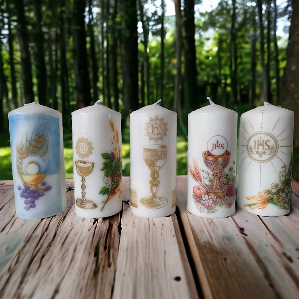 Handmade Holy first communion celebration gift pilar candles wrapped decoupage personalized candle  baptism large Christian present decor