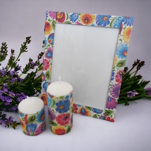 Handmade gift set candles wooden photo frame large wrapped decoupage original candle pillar home decor flowers mother&#39;s Day folk colourful