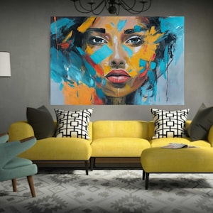 Original textured extra large abstract woman face colorful turquoise painting on stretched canvas modern wall art oil stylized portrait