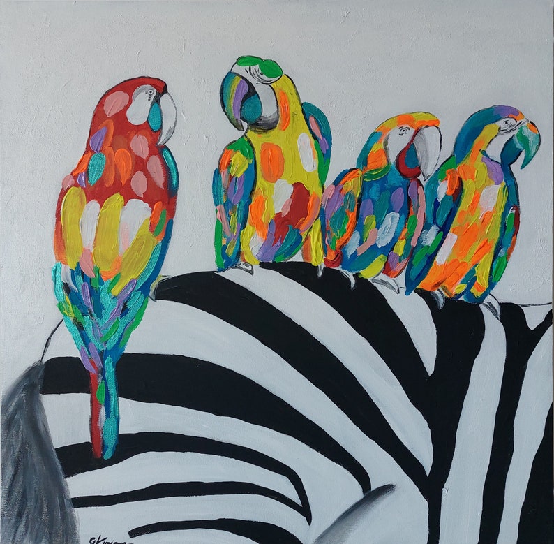 May include: Four colorful parrots perched on a black and white zebra patterned surface. The parrots are painted in shades of red, yellow, blue, green, and orange.