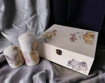 Handmade gift set Disney candles large storage box with lid birthday present wooden gift wrapped decoupage pillar home decor Winnie the pooh