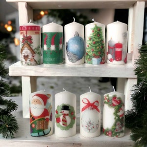Handmade Christmas candles festival celebration gift pillar wrapped decoupage personalized candle large present decor merry Santa tree bell