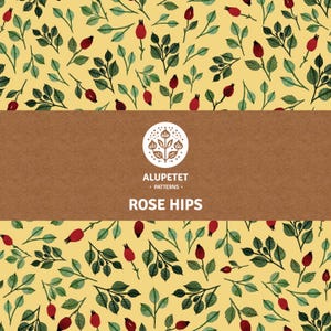 May include: A seamless pattern featuring watercolor illustrations of red rose hips and green leaves on a yellow background. The pattern is framed by a brown rectangle with the text "Alupetet Patterns - Rose Hips".