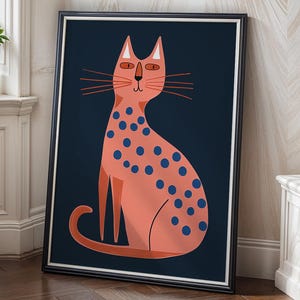 Pink Cat Poster, Modern Cat Print, Mid Century Animal Wall Decor, Playful Colorful Cat Illustration, Kids Room, Gift for Cat Lover