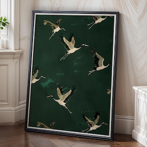 Japanese Crane Poster, Green Gold Crane Wall Art, Flying Birds Print, Elegant Nature Decor, Modern Asian Home, Minimalist Wildlife Gift