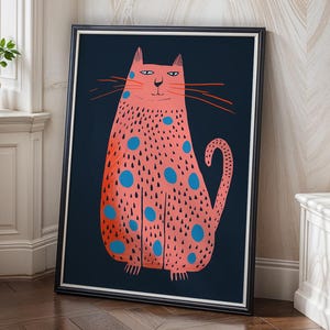 Pink Cat Art Print, Modern Cat Art Print, Whimsical Pink Cat Poster, Playful Colorful Cat Illustration, Kitchen Cat Lover Gift