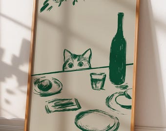 Gluren kat poster print, nieuwsgierige kat gluren naar eettafel kunst aan de muur, minimalistische groene lijntekening, keuken eetkamer decor cadeau