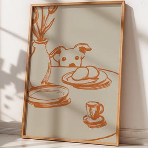 Quadro de parede com cachorro espiando, pôster minimalista em estilo de linhas, decoração de parede para cozinha em terracota, presente para amantes de animais de estimação, ilustração moderna de natureza morta, decoração bege.