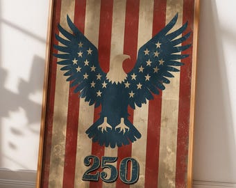 Amerika 250e verjaardag poster, Amerikaanse zeearend patriottische muurkunst, VS 1776 2026 Semiquincentennial print, vintage Amerikaanse vlag woondecoratie