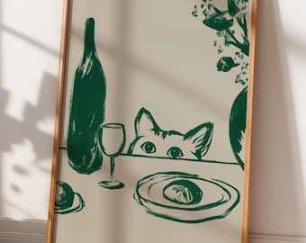 Gluren kat muur kunst print, grappige kat poster, groene lijntekeningen, kattenliefhebber cadeau, keuken eetkamer decor, minimalistische dierenprint