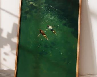 Paar zwemmen muurkunst, groen water zwemmen poster, luchtfoto Art Print, figuratieve olieverfschilderij stijl, humeurige Emerald Wall Art
