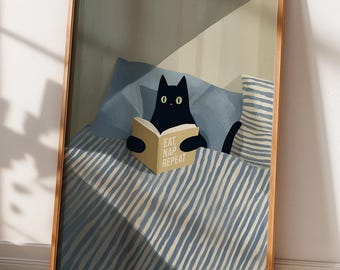 Zwarte kat lezen kunst aan de muur, poster grappige kat, cadeau kattenliefhebber, eet dutje herhalen kunst aan de muur, slaapkamerinrichting