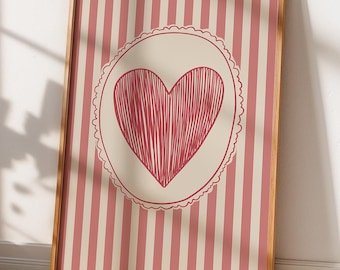 Roze hart muurkunst print, minimalistische liefdesposter, Valentijn decor, romantische slaapkamer muur decor, schattig esthetisch hart kunstwerk cadeau