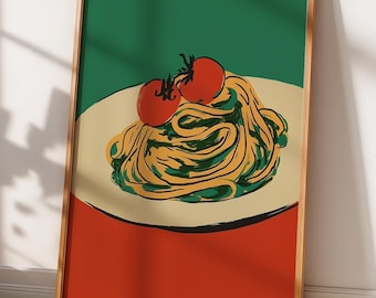 Italienische Pasta Wall Art Print – Spaghetti Poster mit Tomaten, Food Illustration, moderne Küchendeko, Kunst für das Esszimmer, Geschenk für Koch