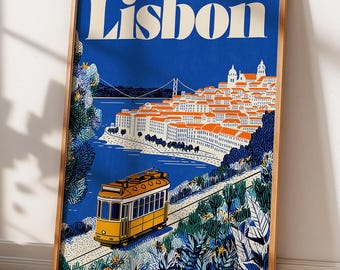 Impresión de póster de viaje de Lisboa, arte mural de la ciudad de Portugal, ilustración de tranvía antiguo, decoración del hogar con paisaje urbano costero azul