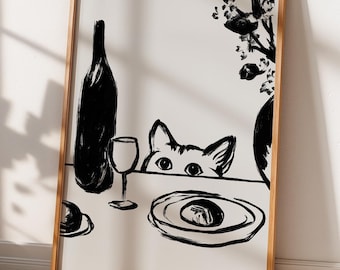 Kat gluren over tafel Art Print, grappige zwartwitte muurkunst, minimalistische kattenposter, keuken eetkamer decor, afdrukbaar kattencadeau