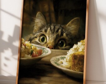 Grappige kat poster, nieuwsgierig kitten olieverfschilderij print, keuken kunst aan de muur, kattenliefhebber cadeau, afdrukbare dierlijke kunst, humoristisch huisdier decor