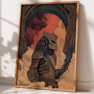 Póster de arte mural de ciencia ficción de Predator: decoración moderna y futurista para el hogar, regalo inspirado en la película, ilustración única de un guerrero alienígena.