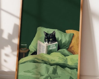 Kat leesboek muur kunst poster, grappige kat print, rijke kat arme eigenaar, zwarte kat decor, humoristische kattencadeau, groene slaapkamer muur kunst print