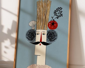 Póster de arte mural de cocina de chef, ilustración abstracta moderna para decoración de comedor o restaurante, decoración de cocina escandinava divertida.