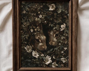 Konijntjes Cottagecore kunst aan de muur, donkere botanische konijnenprint, humeurige bloemen vintage poster, antieke dierenkunst, decor Dark Academia