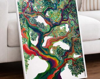 Colorful Tree Art Print, Rainbow Tree of Life Poster, Vibrant Botanical Wall Art, Abstract Nature Print, Modern Living Room Decor