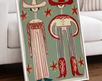Western Cowboy Couple Wall Art Print | Southwestern Folk Art Poster | Retro Whimsical Figures Sage Green Red Boho Ranch Home Decor