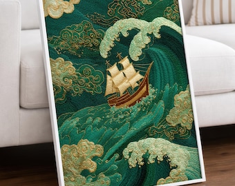 Great Wave Ship Poster, Green Gold Wall Art, Japanese Style Ocean Print, Embroidery Look Nautical Home Decor, Living Room Gift