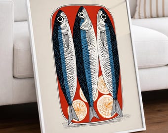Sardine Tin Poster, Retro Kitchen Wall Art, Canned Fish Print, Vintage Food Illustration, Coastal Kitchen Decor, Mediterranean Wall Art