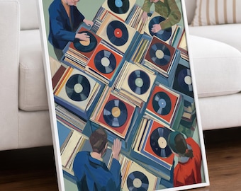 Vinyl Record Store Poster, Retro Music Wall Art, Record Collector Print, Flea Market Painting, Vintage Music Room Decor, DJ Gift