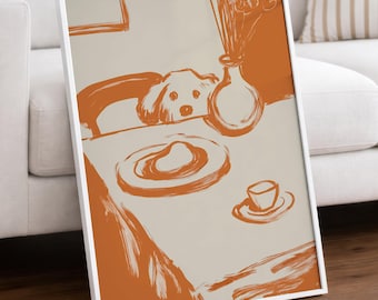 Peeking Dog Wall Art, Maltese Puppy Print, Orange Line Art Poster, Cute Dog Kitchen Print, Modern Minimalist Home Decor