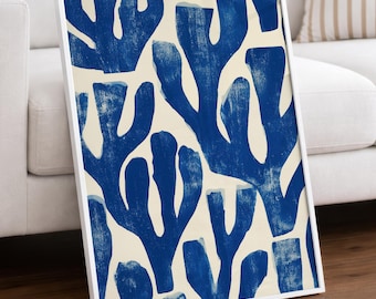 Blue Abstract Botanical Poster, Matisse Style Wall Art, Coastal Navy Print, Modern Block Print Leaf Art, Coral Reef Wall Decor