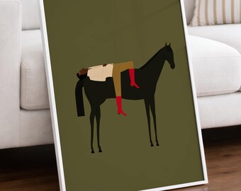 Minimalist Horse Poster, Man on Horse Art Print, Equestrian Fashion Illustration, Olive Green Wall Art, Modern Boho Home Decor