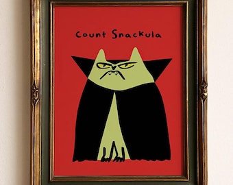 Funny Vampire Cat Print, Count Snackula Halloween Poster, Quirky Cat Wall Art, Black Cat Print, Funny Halloween Decor Gift