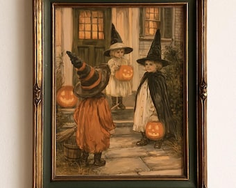 Vintage Halloween Print, Trick or Treaters Witch Costume, Halloween Wall Art, Pumpkin Poster, Retro Antique Illustration Home Decor