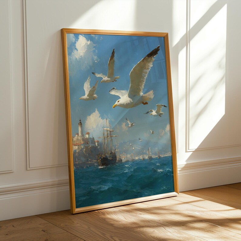 Seagull Ocean Art Print, Nautical Wall Decor, Coastal Poster With Ship ...