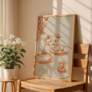 Minimalist terracotta line art poster featuring a curious dog peeking over a kitchen table. The still life scene includes a vase with flowers, plates, and a small coffee cup on a beige background. This modern hand-drawn illustration captures a cozy home or cafe vibe. Perfect as a gift for dog lovers, this aesthetic pet-themed wall decor fits boho and neutral interiors. High-quality physical print for kitchen, dining room, or living room wall art.