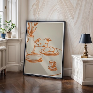 Minimalist terracotta line art poster featuring a curious dog peeking over a kitchen table. The still life scene includes a vase with flowers, plates, and a small coffee cup on a beige background. This modern hand-drawn illustration captures a cozy home or cafe vibe. Perfect as a gift for dog lovers, this aesthetic pet-themed wall decor fits boho and neutral interiors. High-quality physical print for kitchen, dining room, or living room wall art.