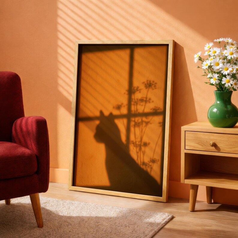Cat shadow poster featuring a minimalist orange silhouette of a cat sitting by a sunlit window, with soft plant shadows on a textured amber wall. Moody aesthetic wall art perfect for bedrooms, reading nooks, or hallways. Warm sunset-toned cat silhouette print, a unique gift for cat lovers who enjoy dreamy, atmospheric wall decor rather than literal pet portraits.