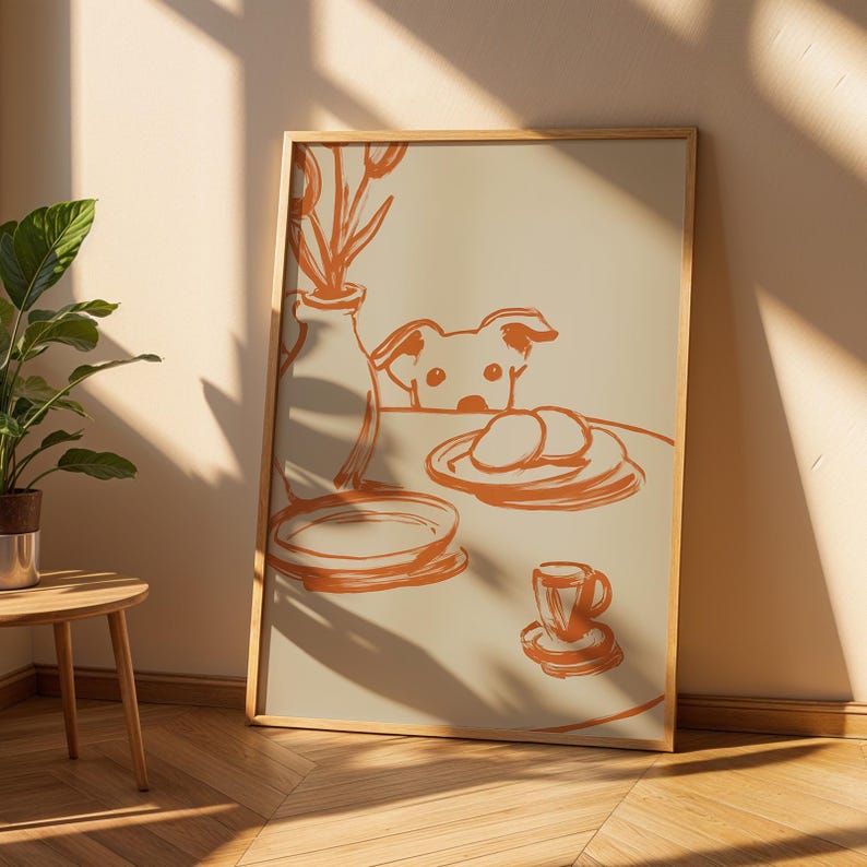 Minimalist terracotta line art poster featuring a curious dog peeking over a kitchen table. The still life scene includes a vase with flowers, plates, and a small coffee cup on a beige background. This modern hand-drawn illustration captures a cozy home or cafe vibe. Perfect as a gift for dog lovers, this aesthetic pet-themed wall decor fits boho and neutral interiors. High-quality physical print for kitchen, dining room, or living room wall art.