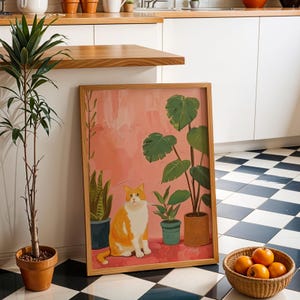 Arte mural de gato naranja y plantas de interior, póster digital, regalo para amantes de los gatos, impresión botánica, decoración moderna del hogar, arte minimalista de gatos, arte imprimible