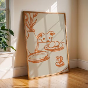 Minimalist terracotta line art poster featuring a curious dog peeking over a kitchen table. The still life scene includes a vase with flowers, plates, and a small coffee cup on a beige background. This modern hand-drawn illustration captures a cozy home or cafe vibe. Perfect as a gift for dog lovers, this aesthetic pet-themed wall decor fits boho and neutral interiors. High-quality physical print for kitchen, dining room, or living room wall art.