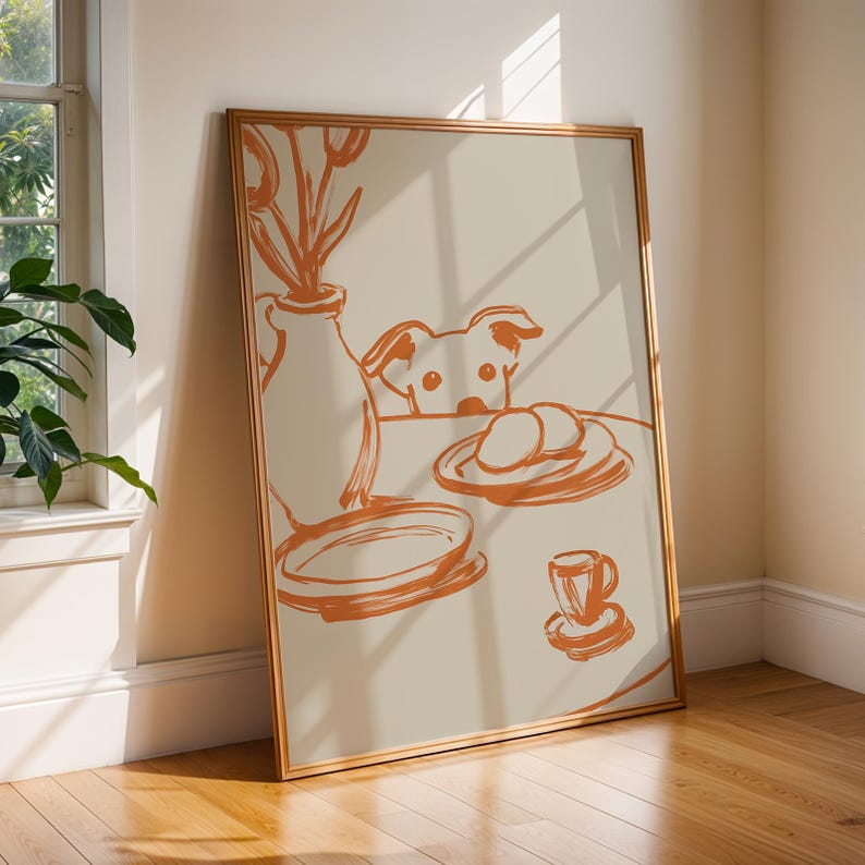 Minimalist terracotta line art poster featuring a curious dog peeking over a kitchen table. The still life scene includes a vase with flowers, plates, and a small coffee cup on a beige background. This modern hand-drawn illustration captures a cozy home or cafe vibe. Perfect as a gift for dog lovers, this aesthetic pet-themed wall decor fits boho and neutral interiors. High-quality physical print for kitchen, dining room, or living room wall art.