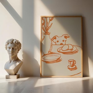 Minimalist terracotta line art poster featuring a curious dog peeking over a kitchen table. The still life scene includes a vase with flowers, plates, and a small coffee cup on a beige background. This modern hand-drawn illustration captures a cozy home or cafe vibe. Perfect as a gift for dog lovers, this aesthetic pet-themed wall decor fits boho and neutral interiors. High-quality physical print for kitchen, dining room, or living room wall art.