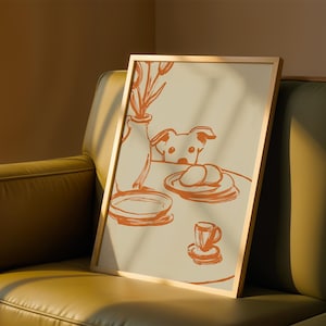 Minimalist terracotta line art poster featuring a curious dog peeking over a kitchen table. The still life scene includes a vase with flowers, plates, and a small coffee cup on a beige background. This modern hand-drawn illustration captures a cozy home or cafe vibe. Perfect as a gift for dog lovers, this aesthetic pet-themed wall decor fits boho and neutral interiors. High-quality physical print for kitchen, dining room, or living room wall art.