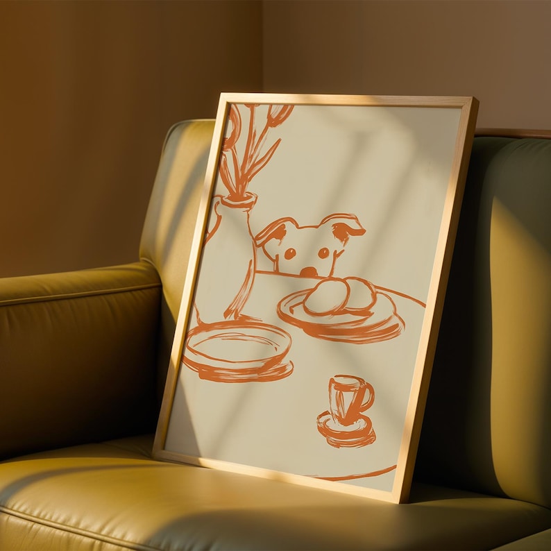 Minimalist terracotta line art poster featuring a curious dog peeking over a kitchen table. The still life scene includes a vase with flowers, plates, and a small coffee cup on a beige background. This modern hand-drawn illustration captures a cozy home or cafe vibe. Perfect as a gift for dog lovers, this aesthetic pet-themed wall decor fits boho and neutral interiors. High-quality physical print for kitchen, dining room, or living room wall art.